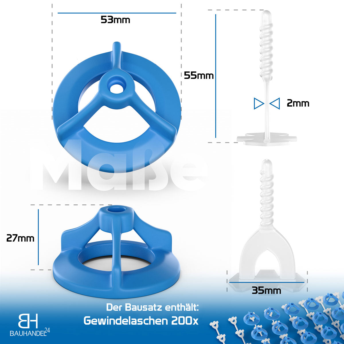 Bauhandel24-Nivelliersystem 200 X Gewindelaschen 1mm 2mm 3mm Bild